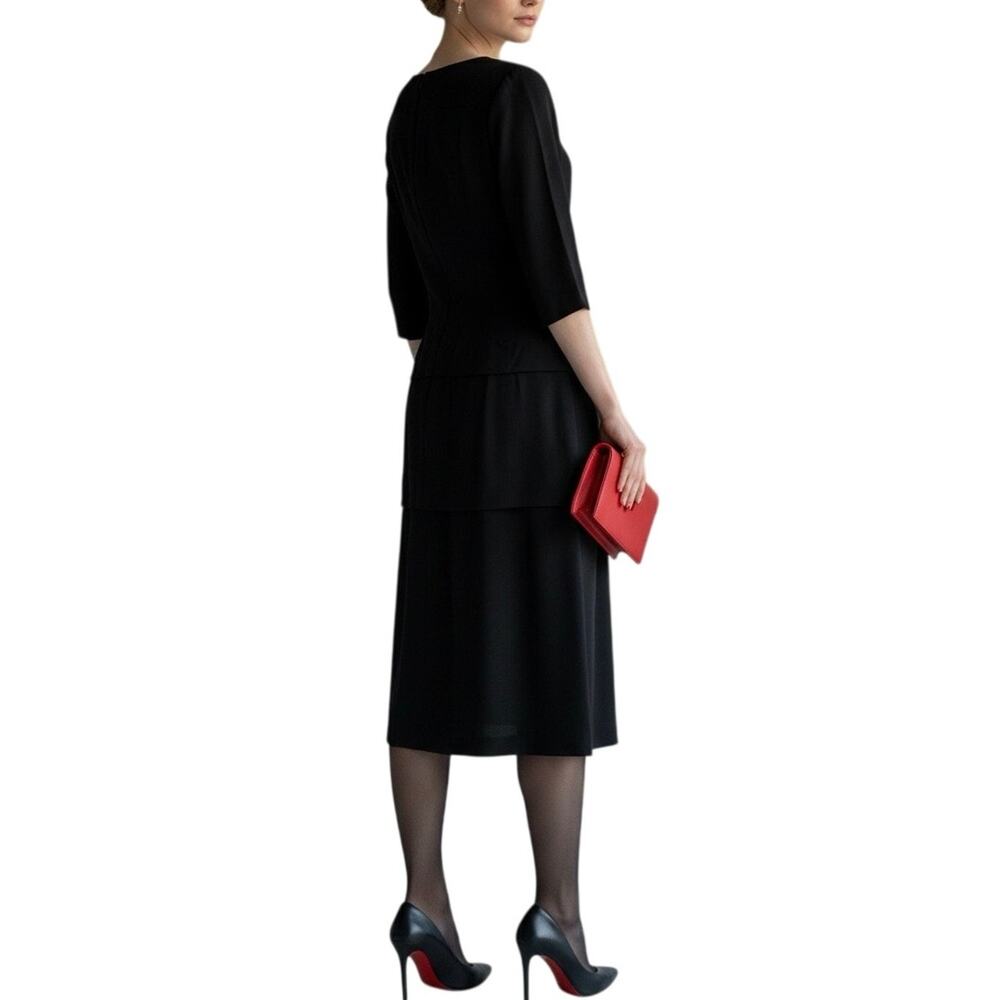 Vintage 60s Black Peplum Midi Dress Bateau Neck 3/4 Sleeve Size 8 - Picture 2 of 16
